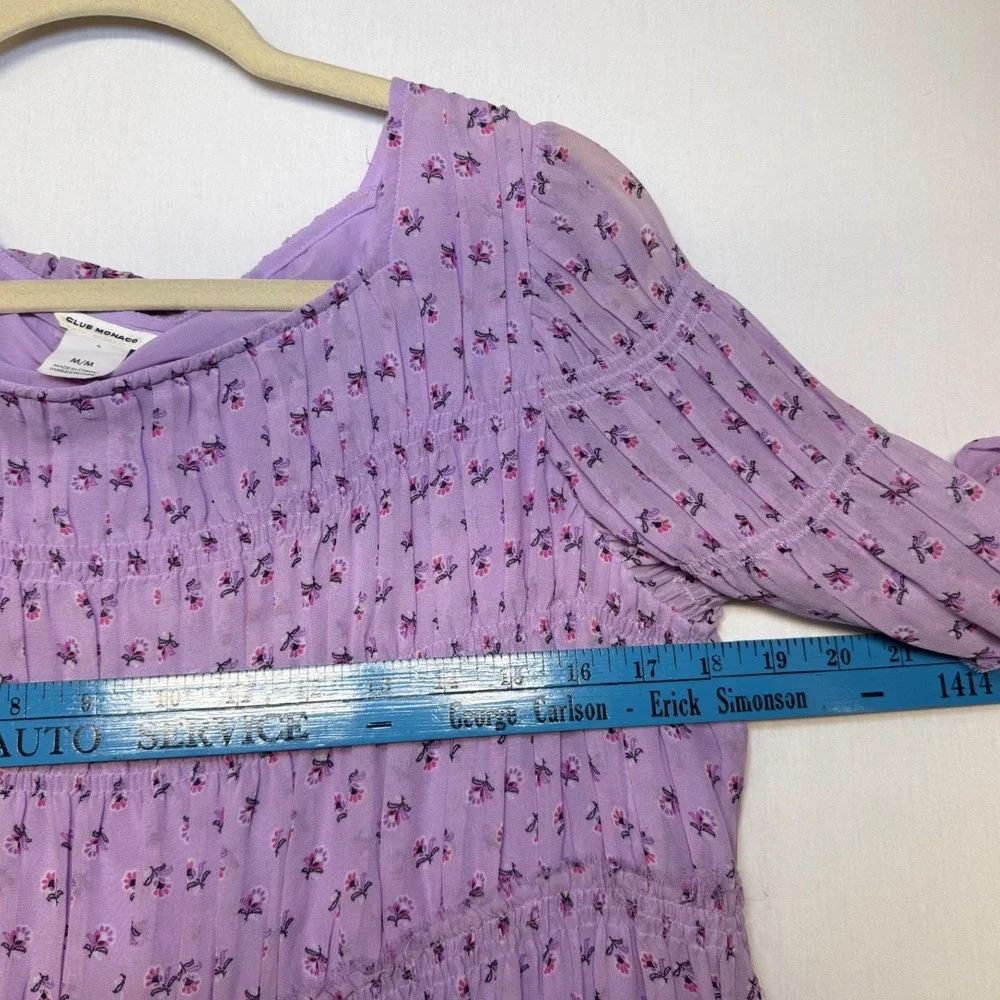 Club Monaco Purple Floral Smocked Chiffon Blouse Medium Ruffle Tiered Top